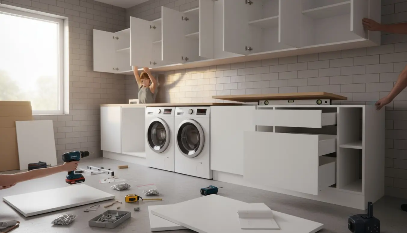 Delvist monteret bryggers med hvide skabe og lys bordplade, hænder og værktøj i fokus.