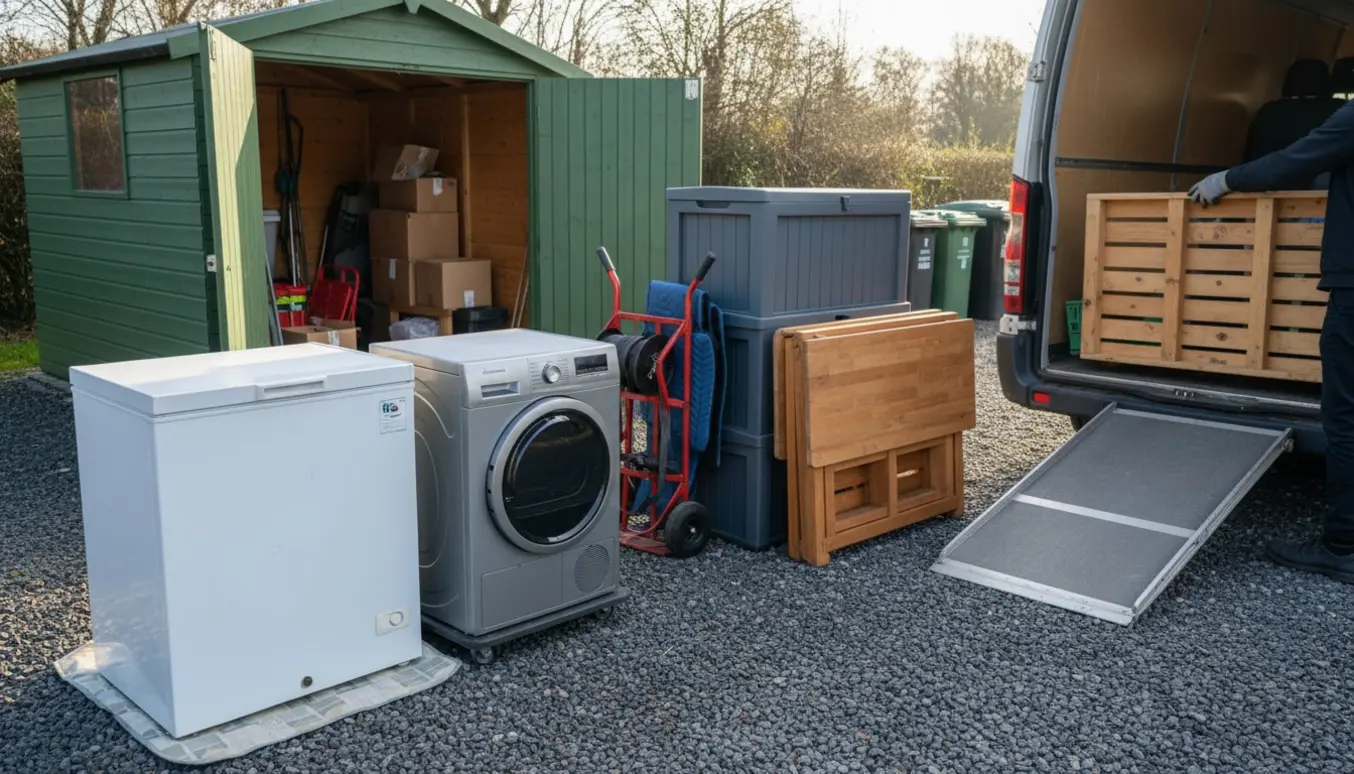 Åben varebil og genbrugsplads med kummefryser, tørretumbler, spisebord og pallerammer klar til bortkørsel.