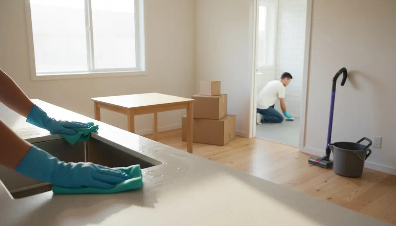 Hænder i gummihandsker aftørrer køkkenvask i et étplanshus ved fraflytning, med rengøringsmidler og flyttekasser i baggrunden.