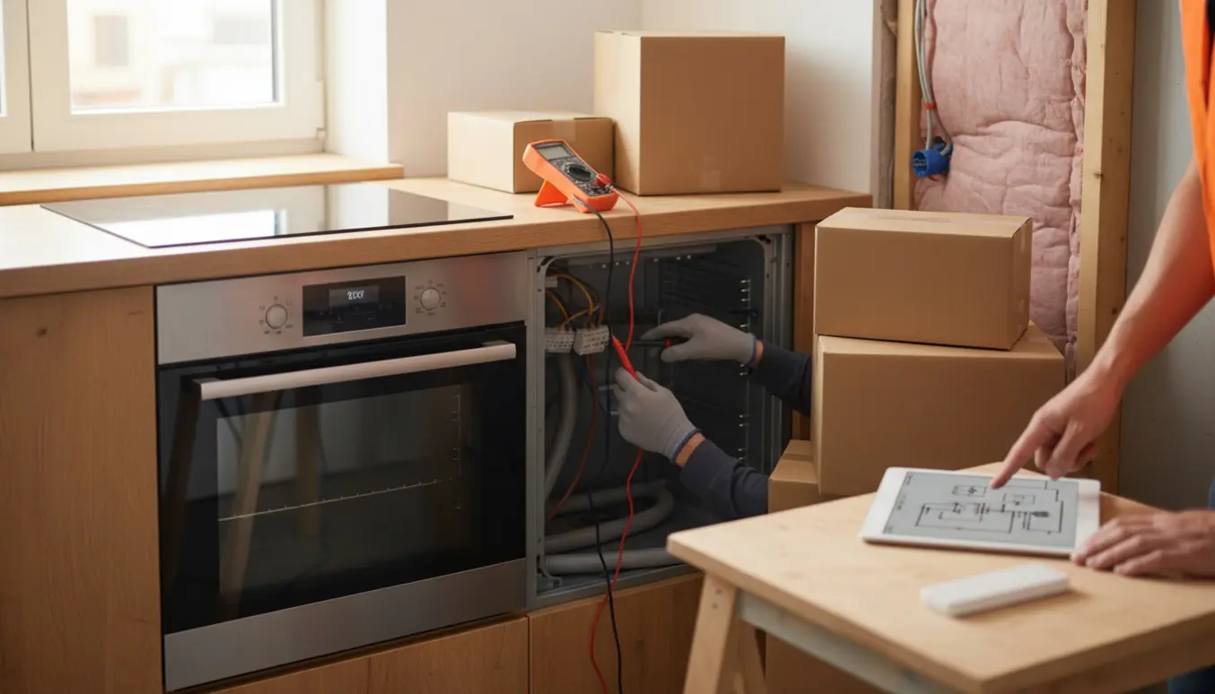 Elektriker tilslutter en indbygningsovn og kogeplade i et køkken, med trådløs kontakten og en delvist opbygget skillevæg i baggrunden.