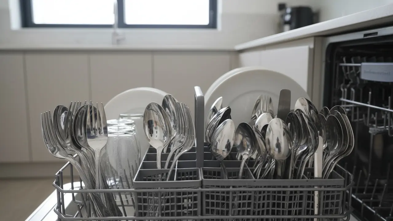 Åben opvaskemaskine set oppefra med bestik i separate rum, sølv adskilt fra rustfrit stål.