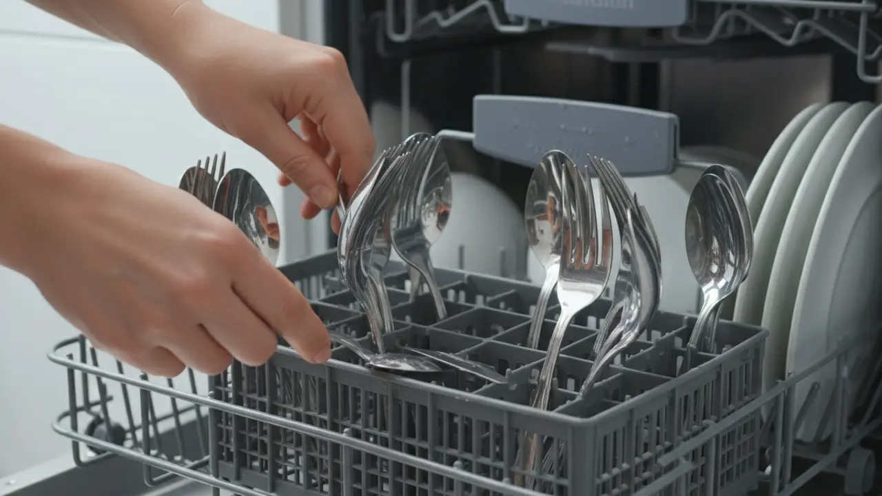 Nærbillede af hænder, der placerer bestik i kurv med god afstand mellem delene.