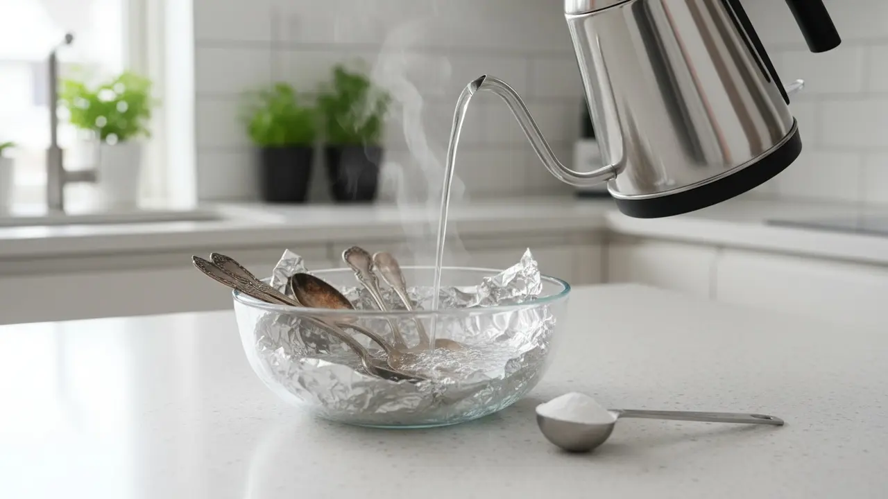Sølvbestik i skål på sølvpapir med kogende vand og en ske natron klar til afrensning.