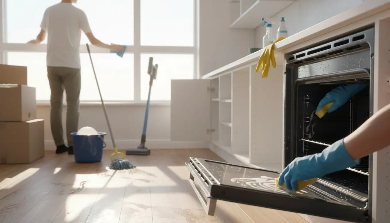 Tomt køkken under flytterengøring med handsker, rengøringsudstyr og åben ovn.