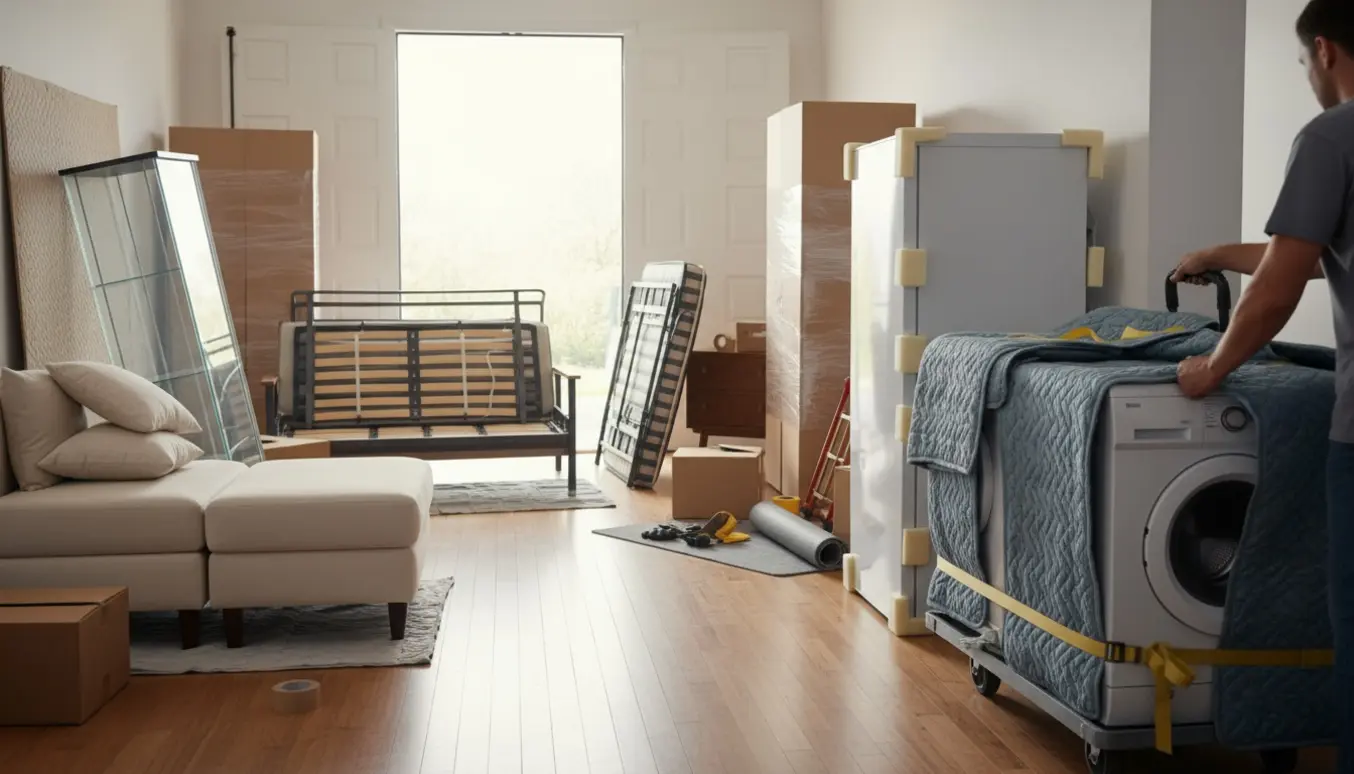 Flyttefolk læsser husholdningsapparater og møbler ind i en flyttebil i et lyst indgangsparti.