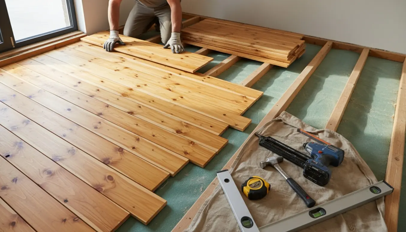 Håndværker lægger fyrretræsplanker i et værelse med delvis færdigt gulv og synlige spær.