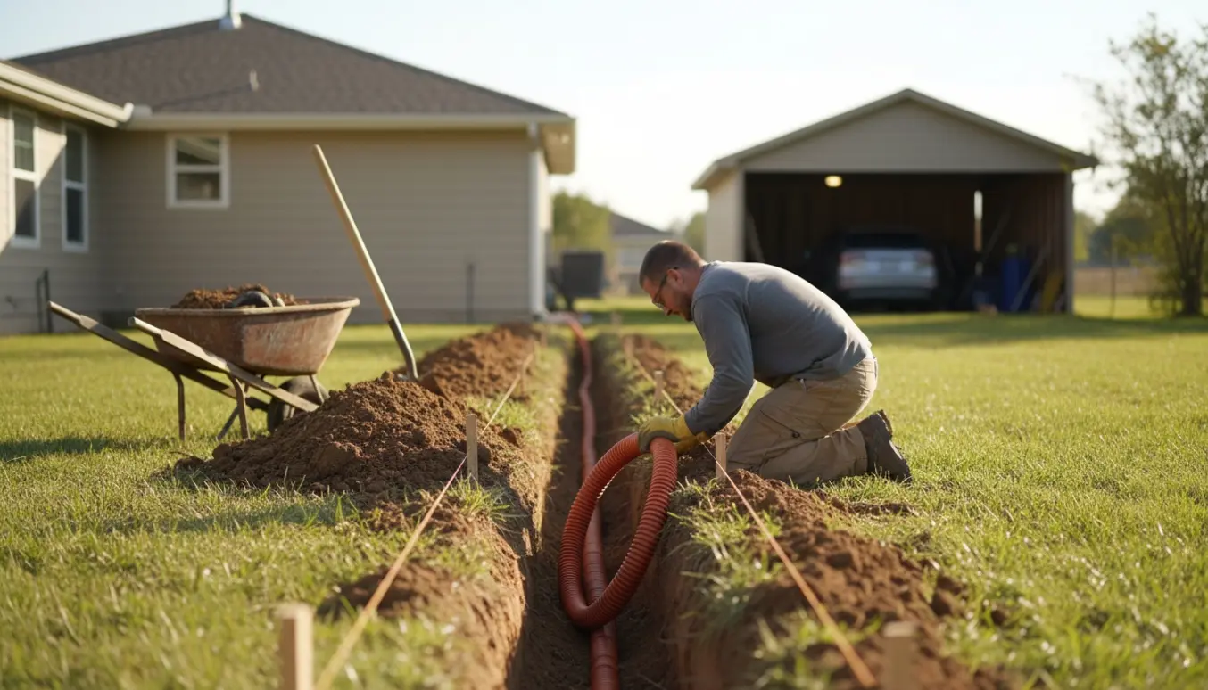 Nykgravet rende fra husgavl til carport med lagt elkablerør og værktøj i baghaven.