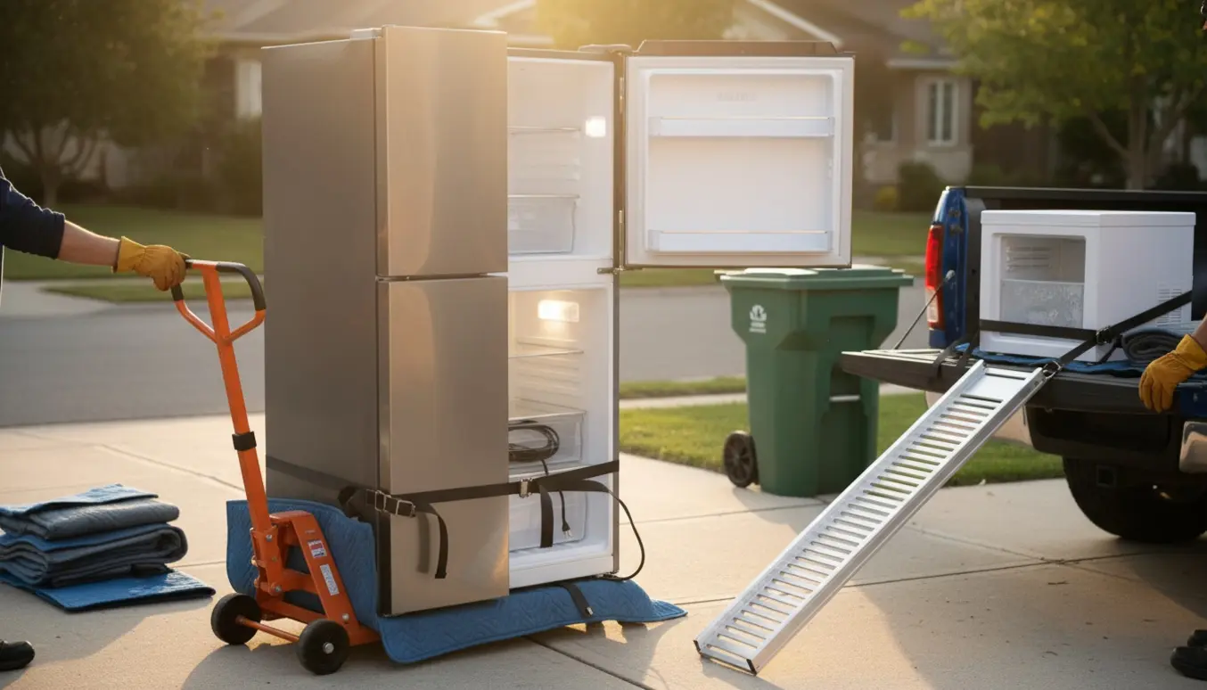 Et køleskab og en mini-fryser klar til bortskaffelse på en indkørsel med flyttetralle og beskyttelsesbetræk.