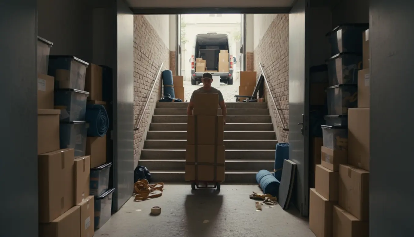 Flyttefolk triller kasser op fra kælderen mod en åben varebil på en solrig dag.