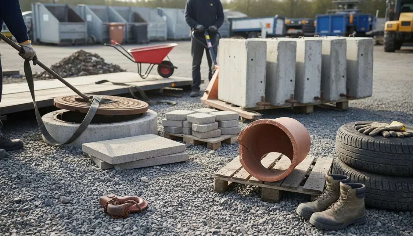 Anonym arbejder løfter et kloakdæksel og læsser betonkloder, fliser og et knust kloakrør på en genbrugsplads.
