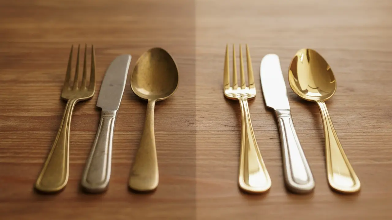 Sæt af messingbestik med halvt anløbet og halvt poleret, tydelig kontrast i glans