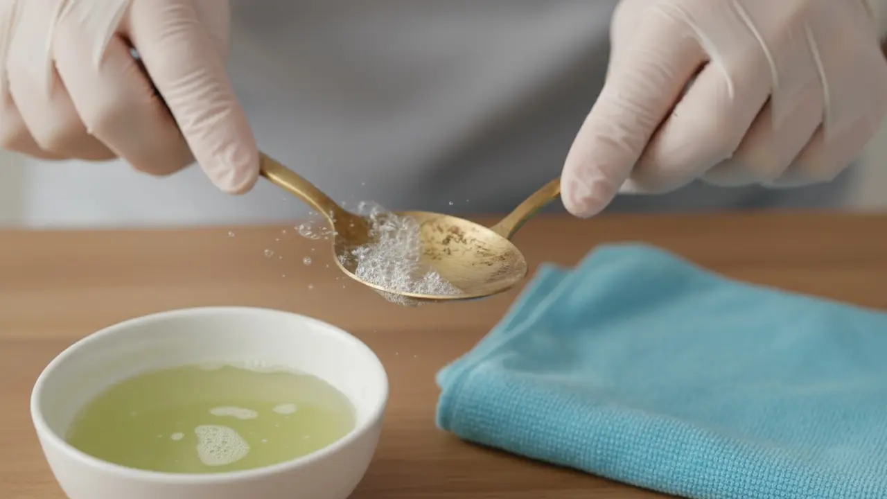 Nærbillede af hænder med handsker, der smørger en blød tandbørste mod en messing ske over en opløsning