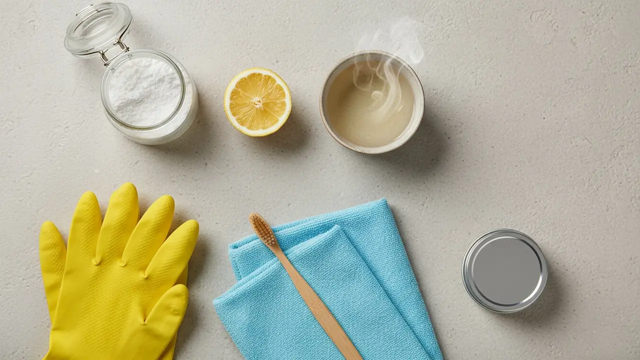 Fladt billede af nødvendige materialer: citronsyre, citron, tandbørste, mikrofiberklud og handsker