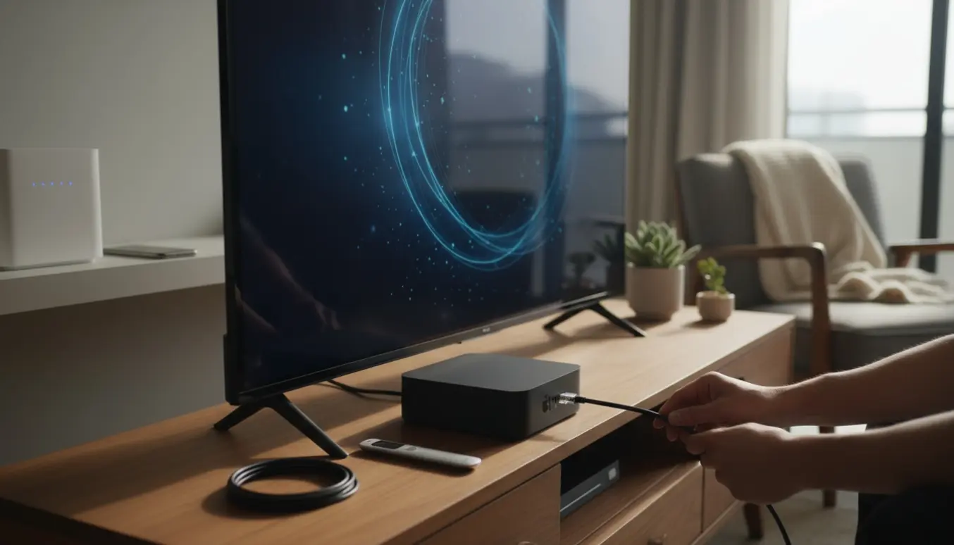 Hænder tilslutter et Ethernet-kabel til en Apple TV-boks foran et tv i en lys stue.