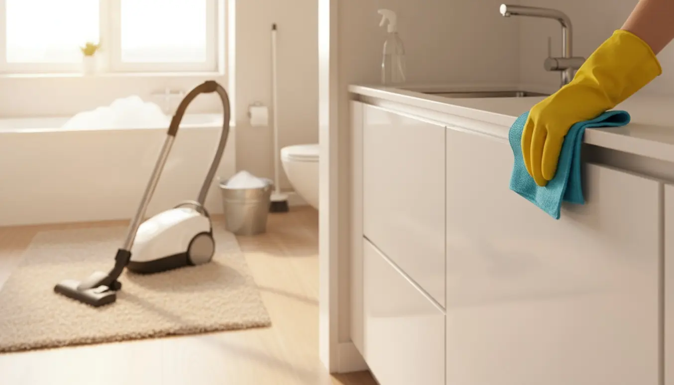 Hænder i gummihandsker tørrer køkkenskabe af med rengøringsudstyr og et badeværelse med badekar ses i baggrunden.
