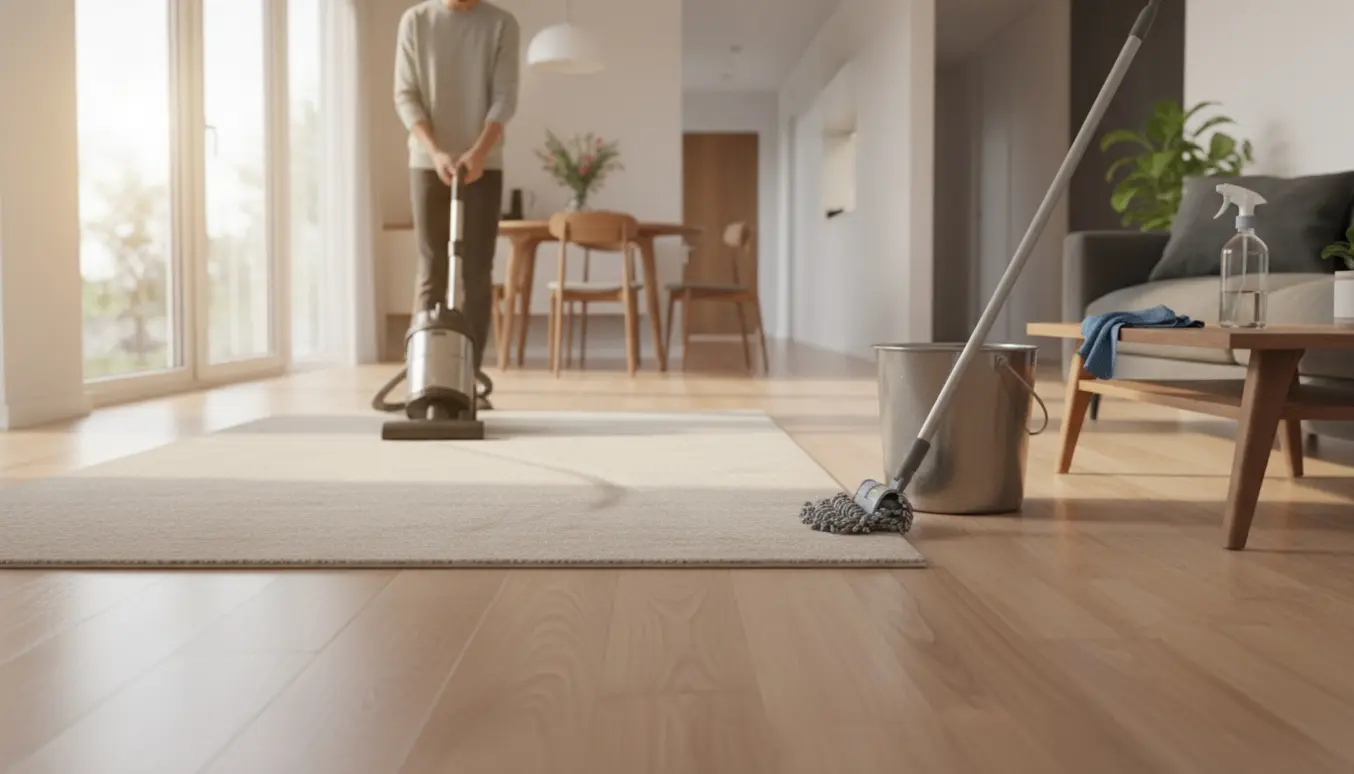 En person ses bagfra og støvsuger et tæppe i et lyst hjem med moppe, spand og klud klar til gulvvask.