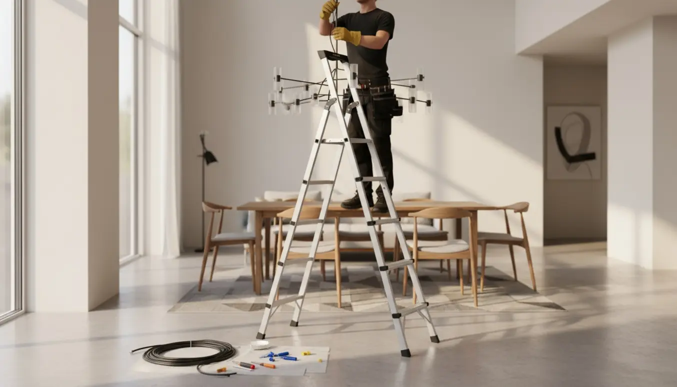 Installering af moderne Herstal-lysekrone i et lyst alrum med høj loftshøjde og ekstra ledning.