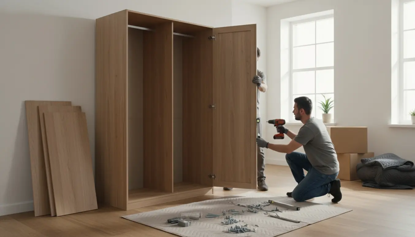 To personer monterer et garderobeskab i en lys lejlighed med værktøj og samledeler på gulvet.