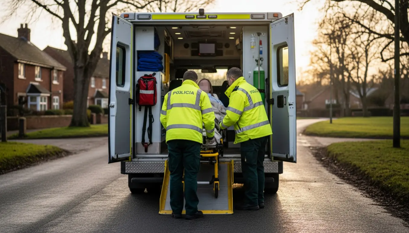 Ambulancepersonale hjælper en patient på båre ved en ambulance på en landevej på vej fra hospitalet mod Herlufmagle.