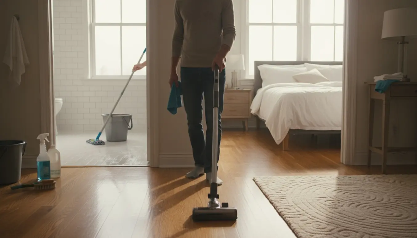 Åben bolig med en person (ansigt ikke synligt) der støvsuger stuen, en moppe ved badeværelset og en hånd der tørrer støv af i soveværelset.