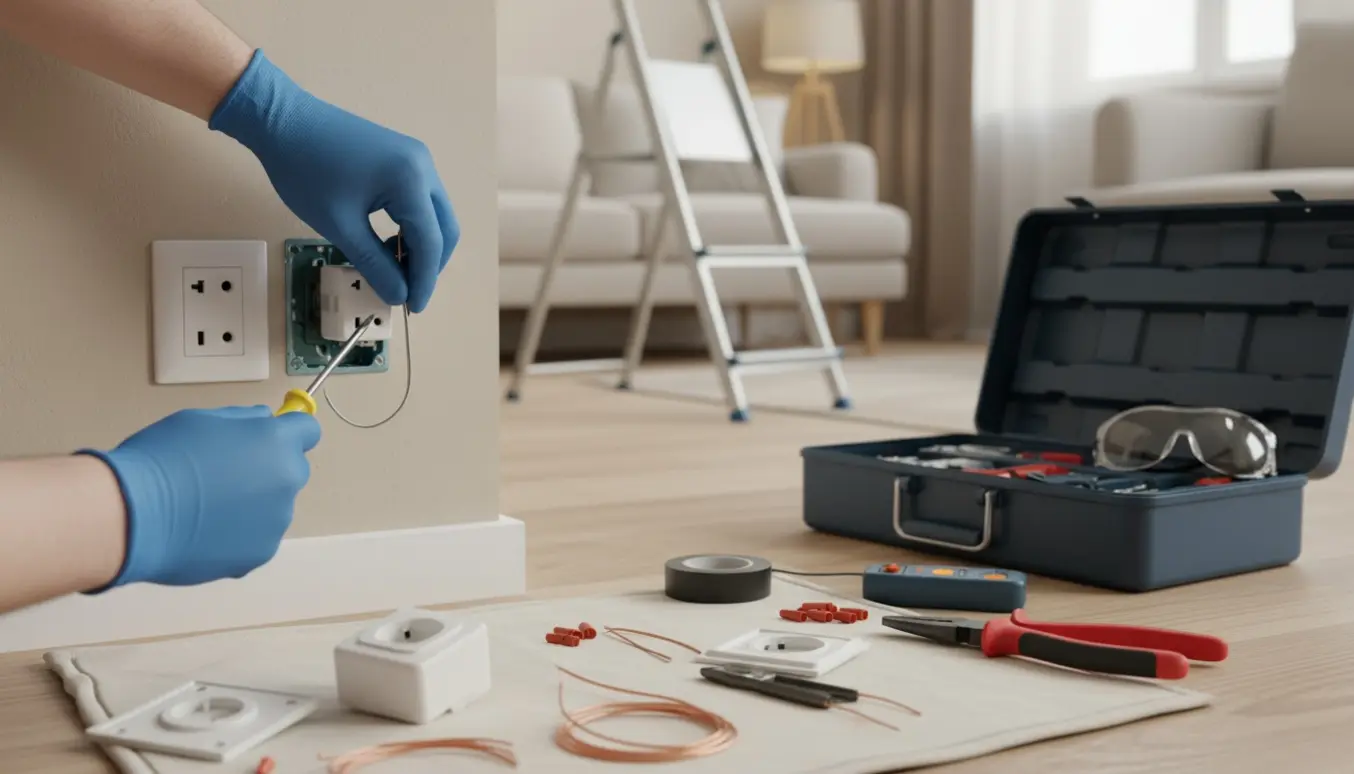 Nærbillede af arbejdshænder med isoleret skruetrækker, der fastgør og udskifter løse stikkontakter omgivet af el-værktøj.