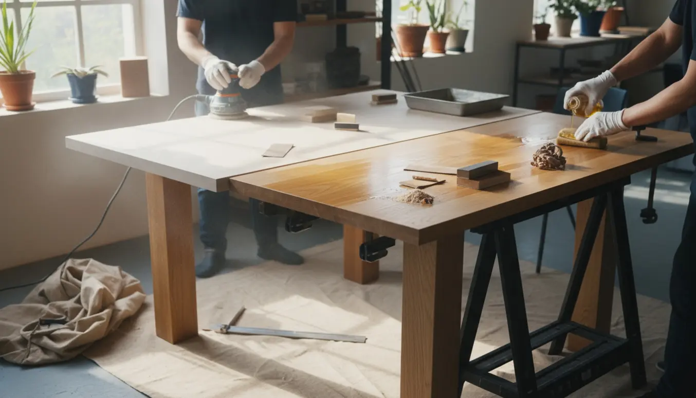 Arbejdshænder sliber og olierer et massivt egetræs spisebord med værktøj og to tillægsplader i et solbelyst værksted.