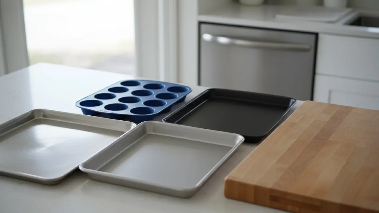 Forskellige bageplader (rustfrit stål, silikone, aluminium, non-stick, træ) lagt frem på køkkenbord.
