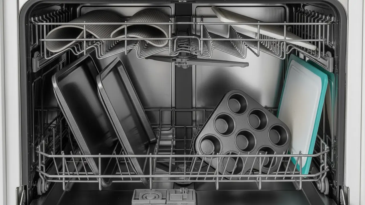 Opvaskemaskine med metalbageplader i nederste kurv og silikoneplader i øverste kurv for korrekt placering.