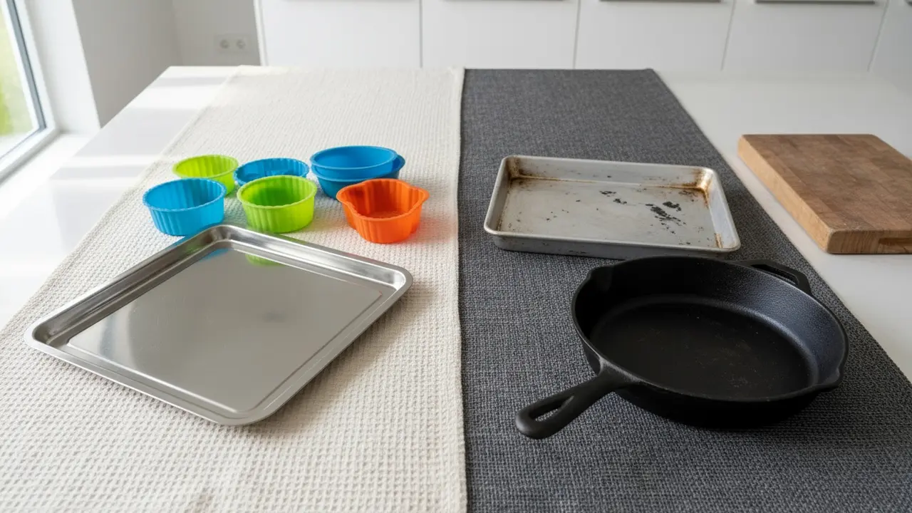 Sammenstilling af sikre bageplader (rustfrit stål, silikone) og ikke-sikre (aluminium, non-stick, støbejern, træ).