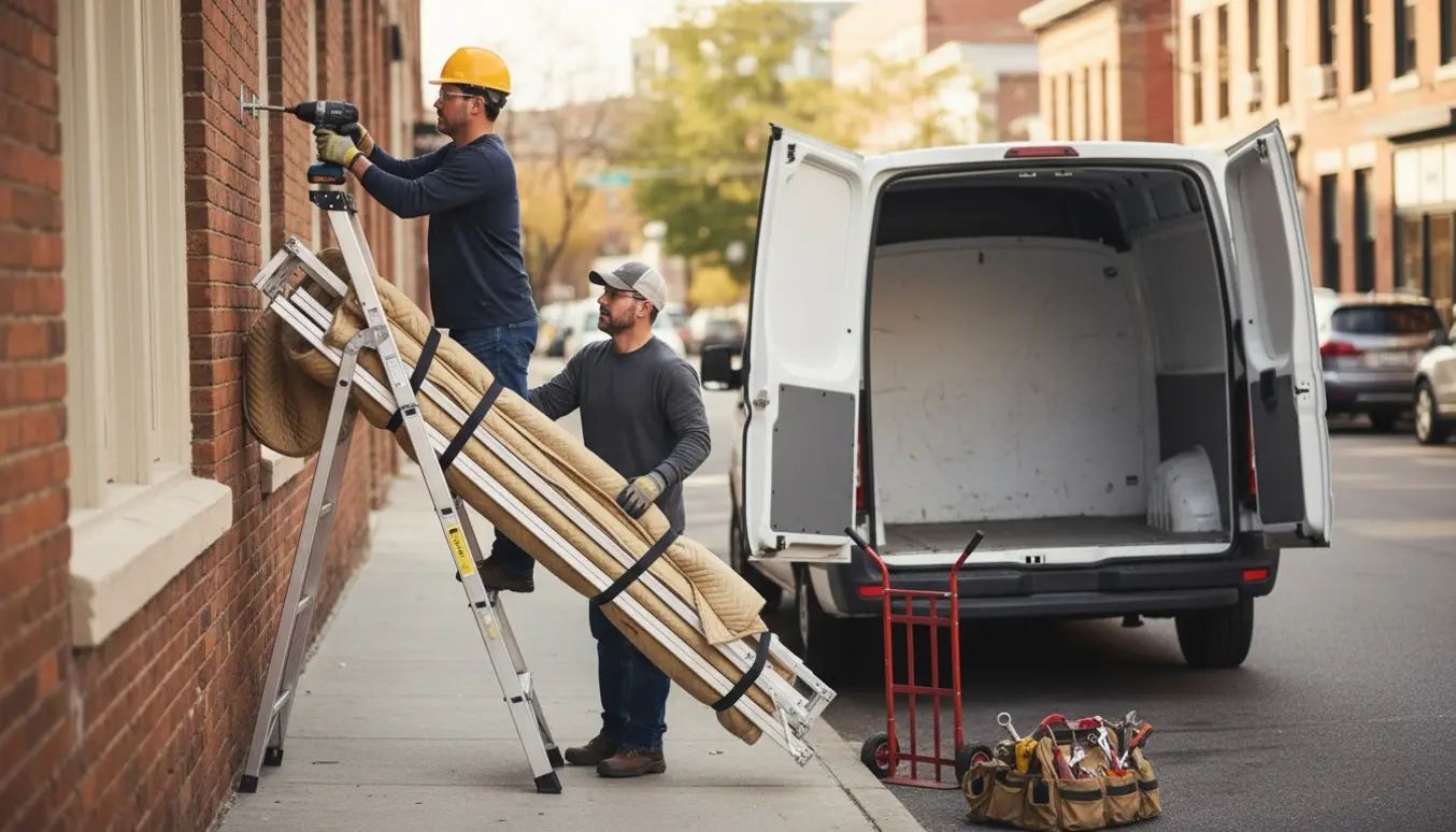 To håndværkere afmonterer og læsser en tre meter markise ind i en varevogn på en stille bygade.