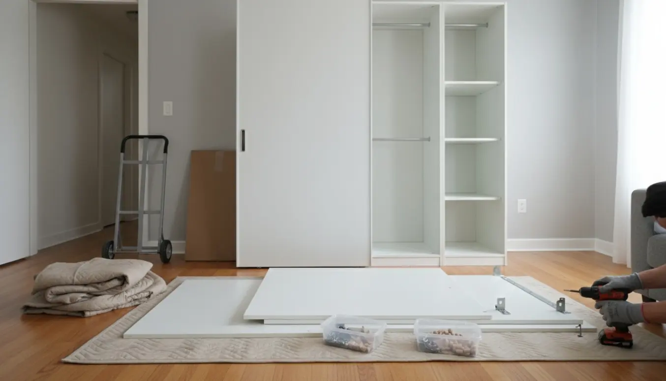 Afmontering af et hvidt skab i en stuelejlighed med døre, plader, værktøj og flytteudstyr klar til genbrug.