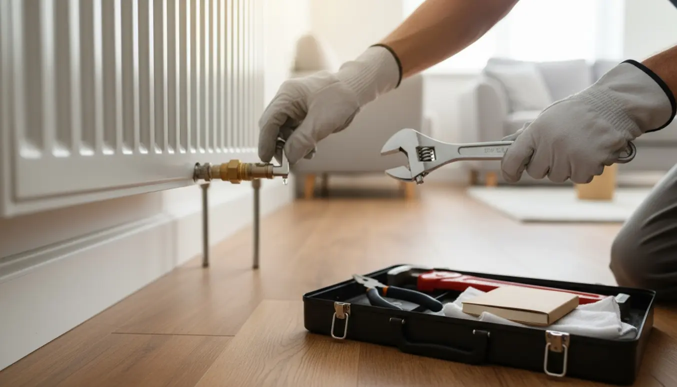 En VVS-montør inspicerer en radiator med værktøj i en lys stue.