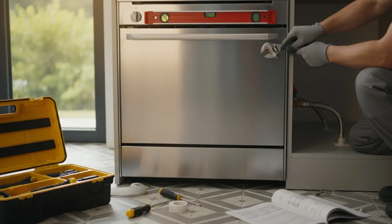 Tekniker i handsker skubber en ny rustfri komfur på plads i et lyst køkken med værktøj omkring.