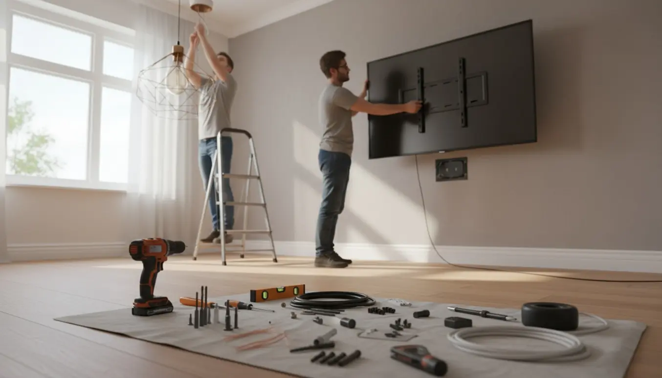 Hænder monterer loftlampe og fastgør et TV-beslag i en moderne stue.