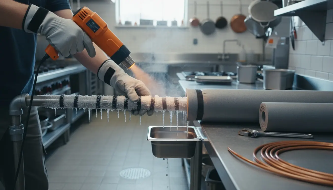 Tekniker varmer et frosset vandrør i et produktionskøkken, så is smelter og drypper i en drypbakke.