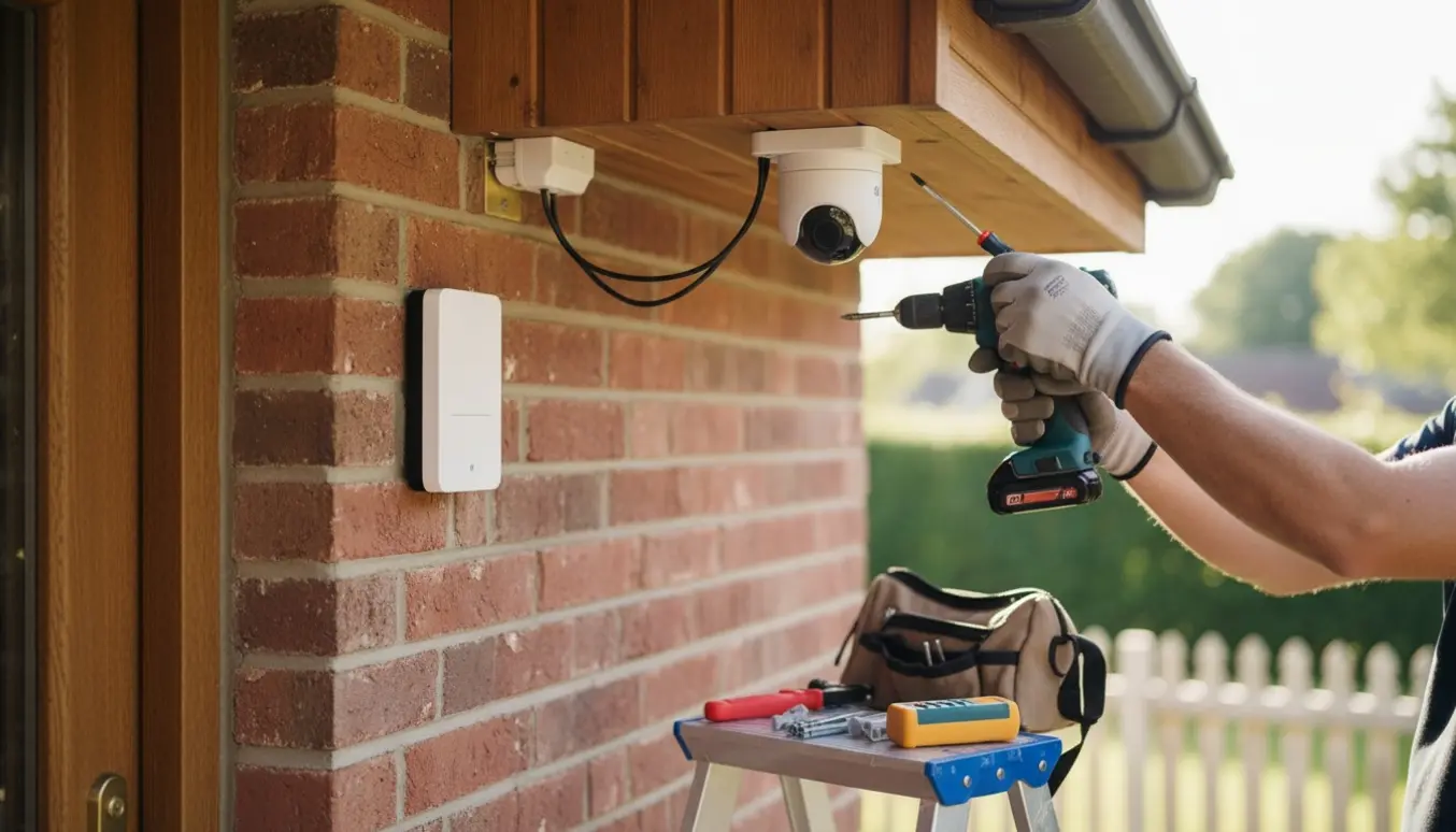 Elektriker monterer en smart dørklokke og to kablede overvågningskameraer ved husets indgang med fokus på hænder og værktøj.