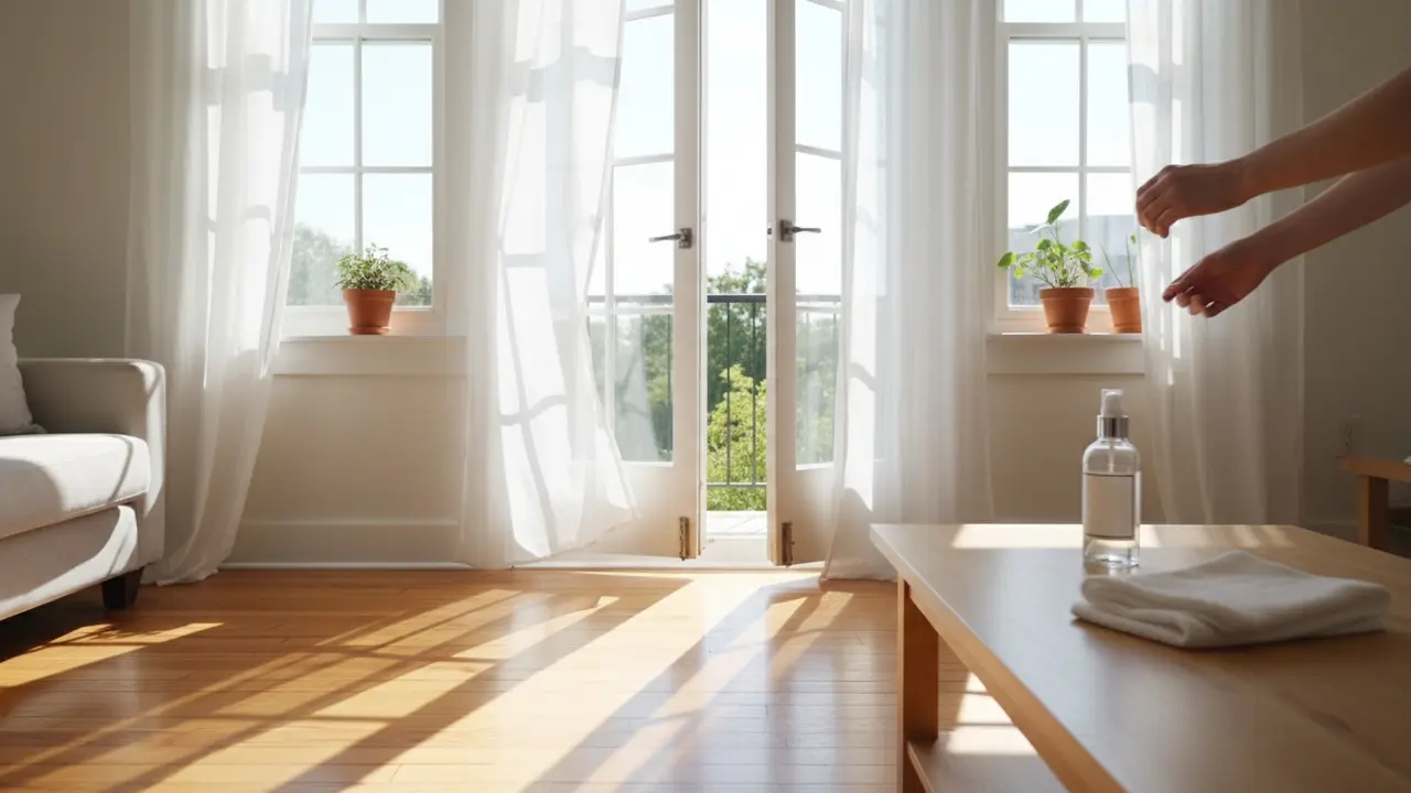 Stue med åbne vinduer og sprayflaske, klar til lugtfjernelse