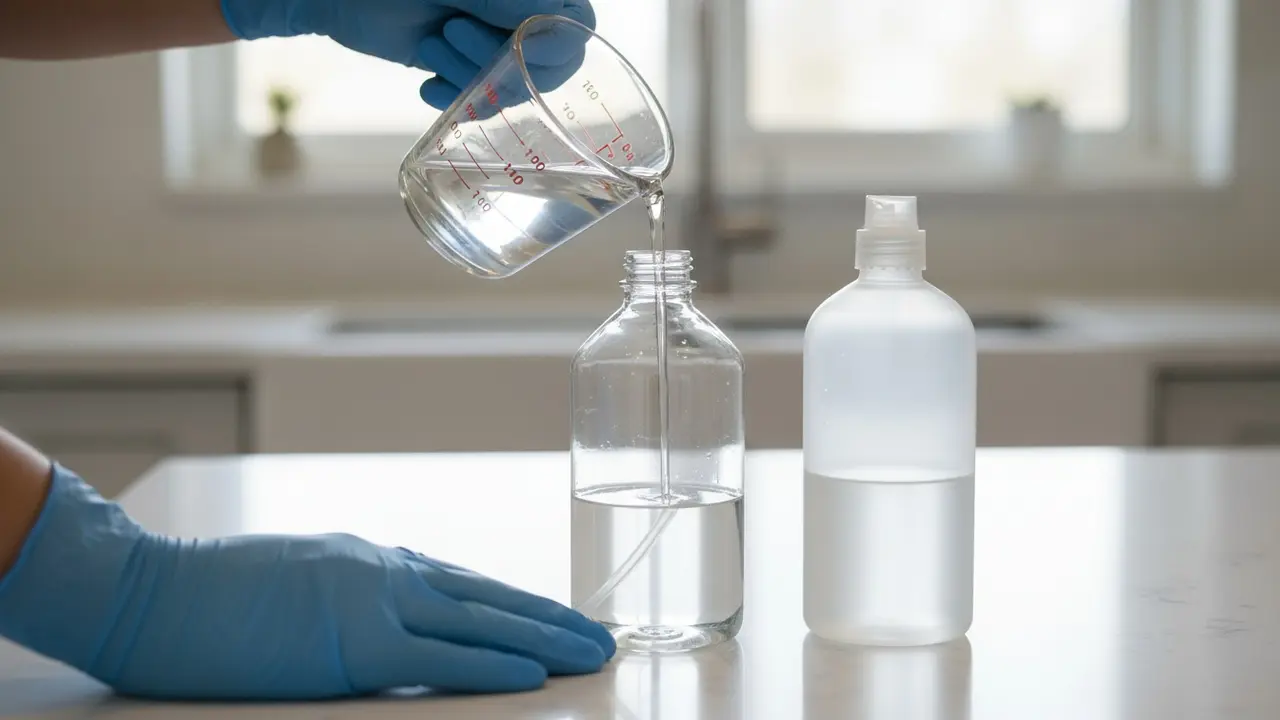 Nærbillede af handsker, målebæger og sprayflaske ved blanding af Rodalon og vand