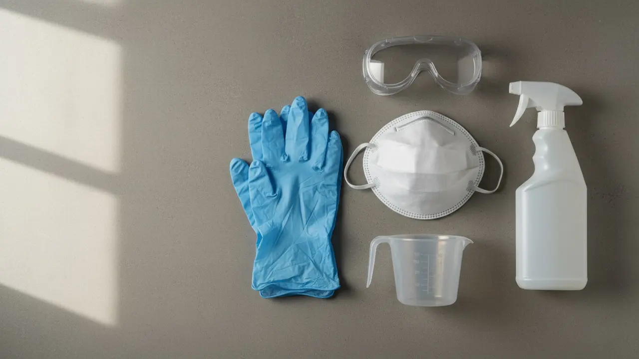 Beskyttelsesudstyr: nitrilhandsker, støvmaske, briller og målebæger