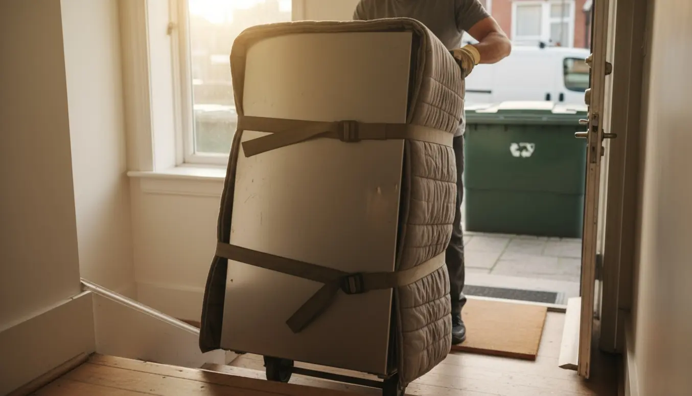 To personer bærer et køleskab ned ad en trappe mod en genbrugsstation.