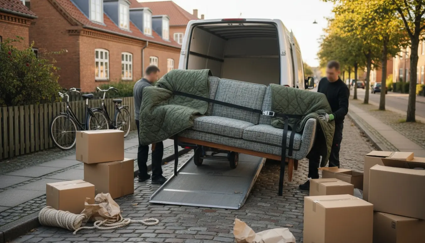 Flyttefolk læsser en sofa ind i en flyttebil på en stille københavnsk vej.