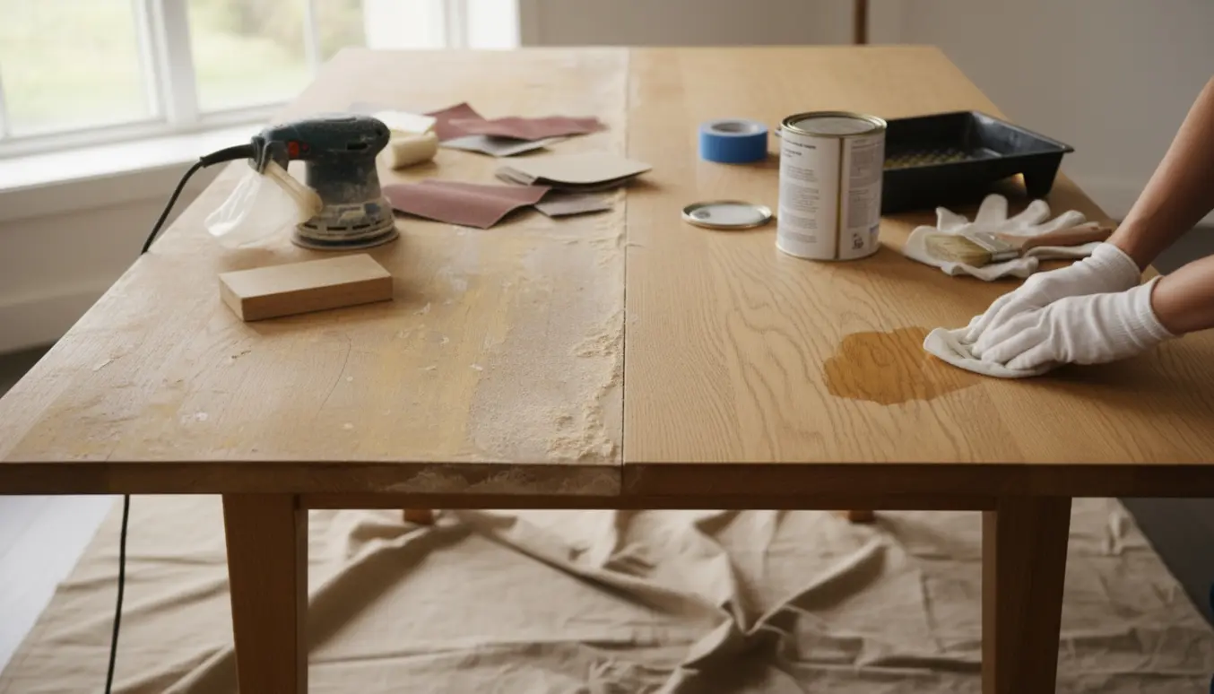 Et spisebord under restaurering med den ene side slebet og klar til hvidolie eller lak.