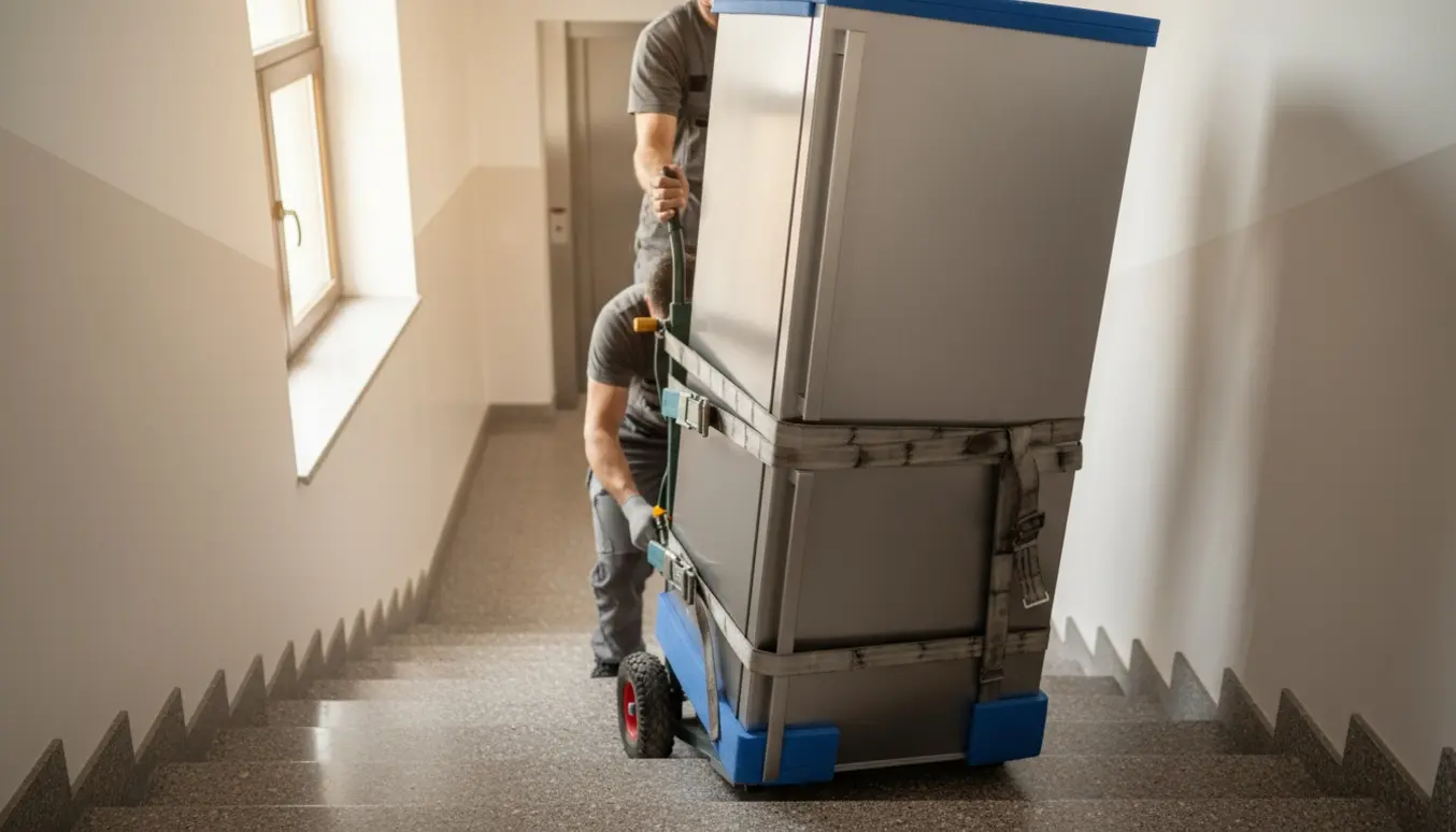 Et 202 cm højt køleskab flyttes ned ad en trappe på 7 trin med flyttevogn og stropper.