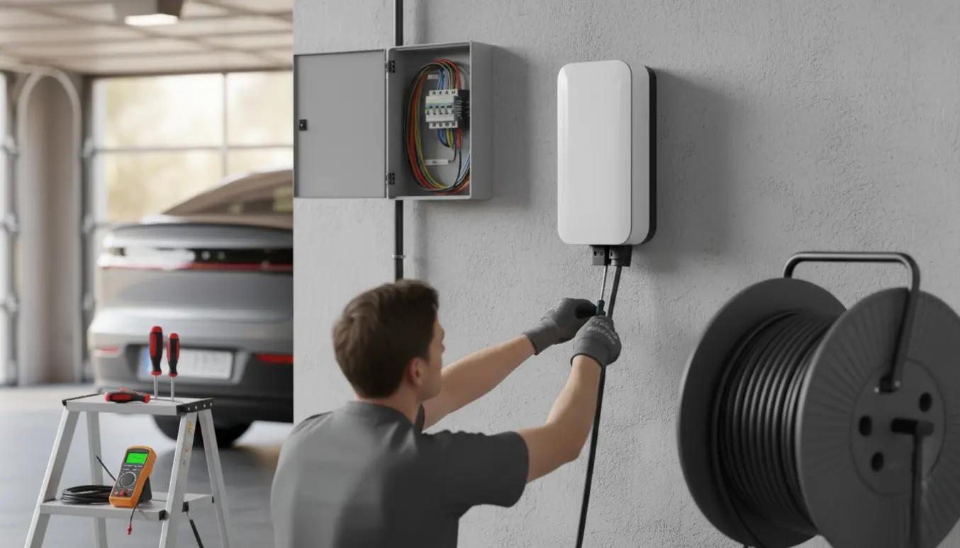 Installatør forbinder en vægmonteret elbiloplader til husets el-tavle med kabel og værktøj, ansigt ikke synligt.