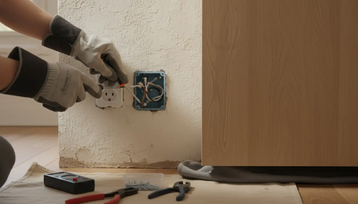 Nærbillede af hænder, der fjerner en stikkontakt fra væggen med en skabsside parat ved siden af.