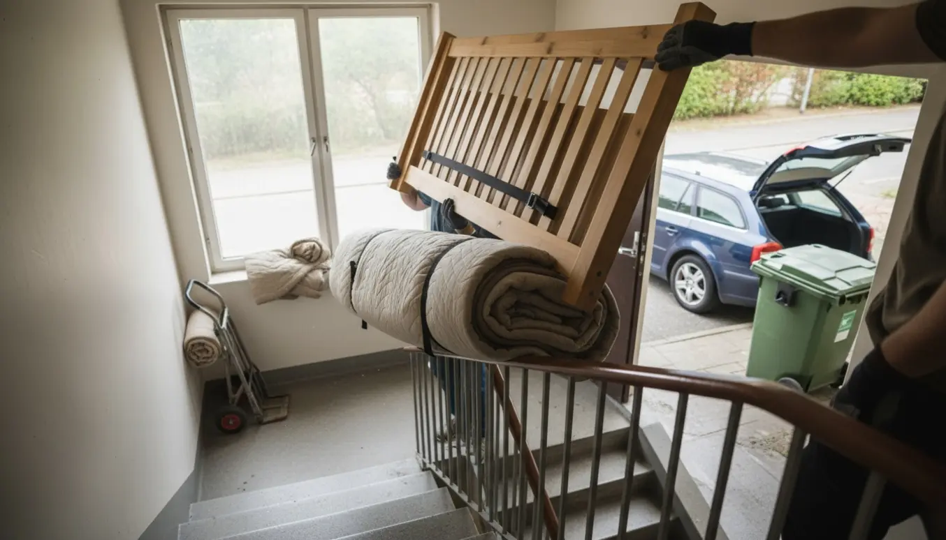 Adskilt seng og madras bæres ned ad trappe mod en åben storskraldscontainer ved fortovet.