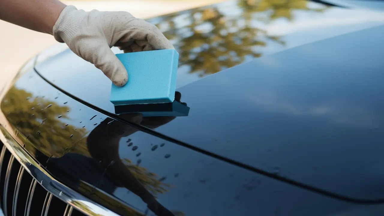 Nærbillede af en clay bar i hånd over en blank bilhjelm