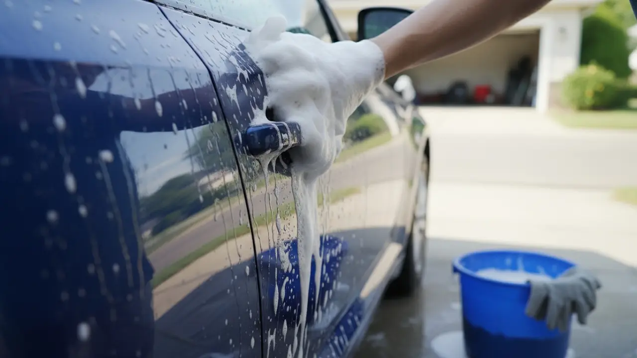 Person vasker bil med skum og mikrofibervaskehandske ved en bildør