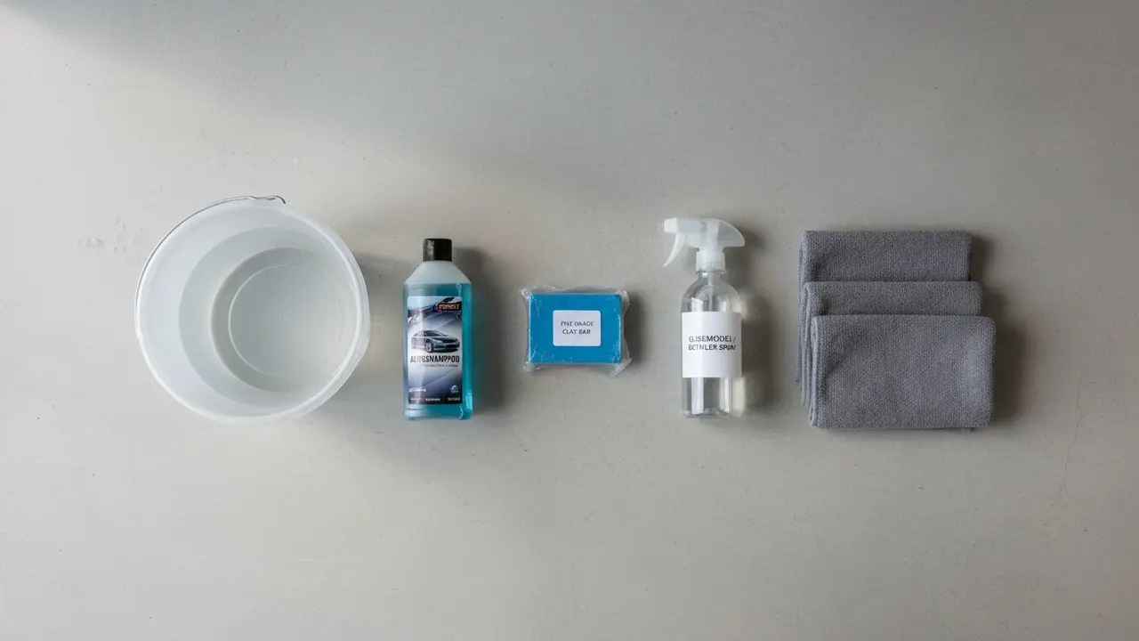 Oversigt af udstyr: clay bar, glidemiddel, mikrofiberklude, spand og autoshampoo