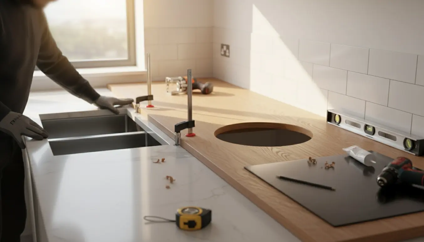 To nye køkkenbordplader med udskæringer til vask og kogeplade monteret langs en lys væg med værktøj omkring.